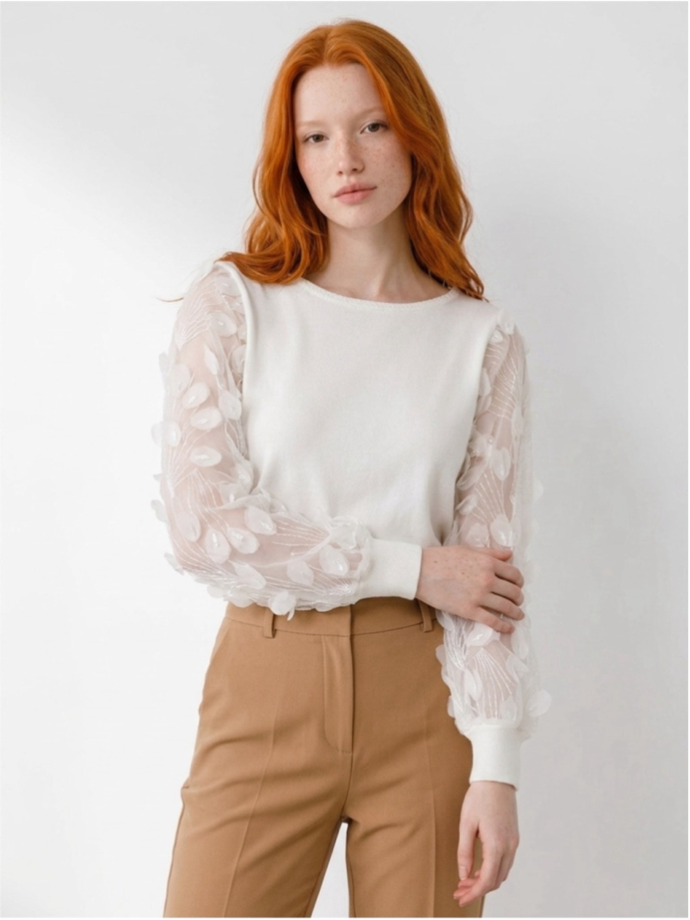 Sioni Eggshell White Sheer Applique Balloon Sleeve Sweater